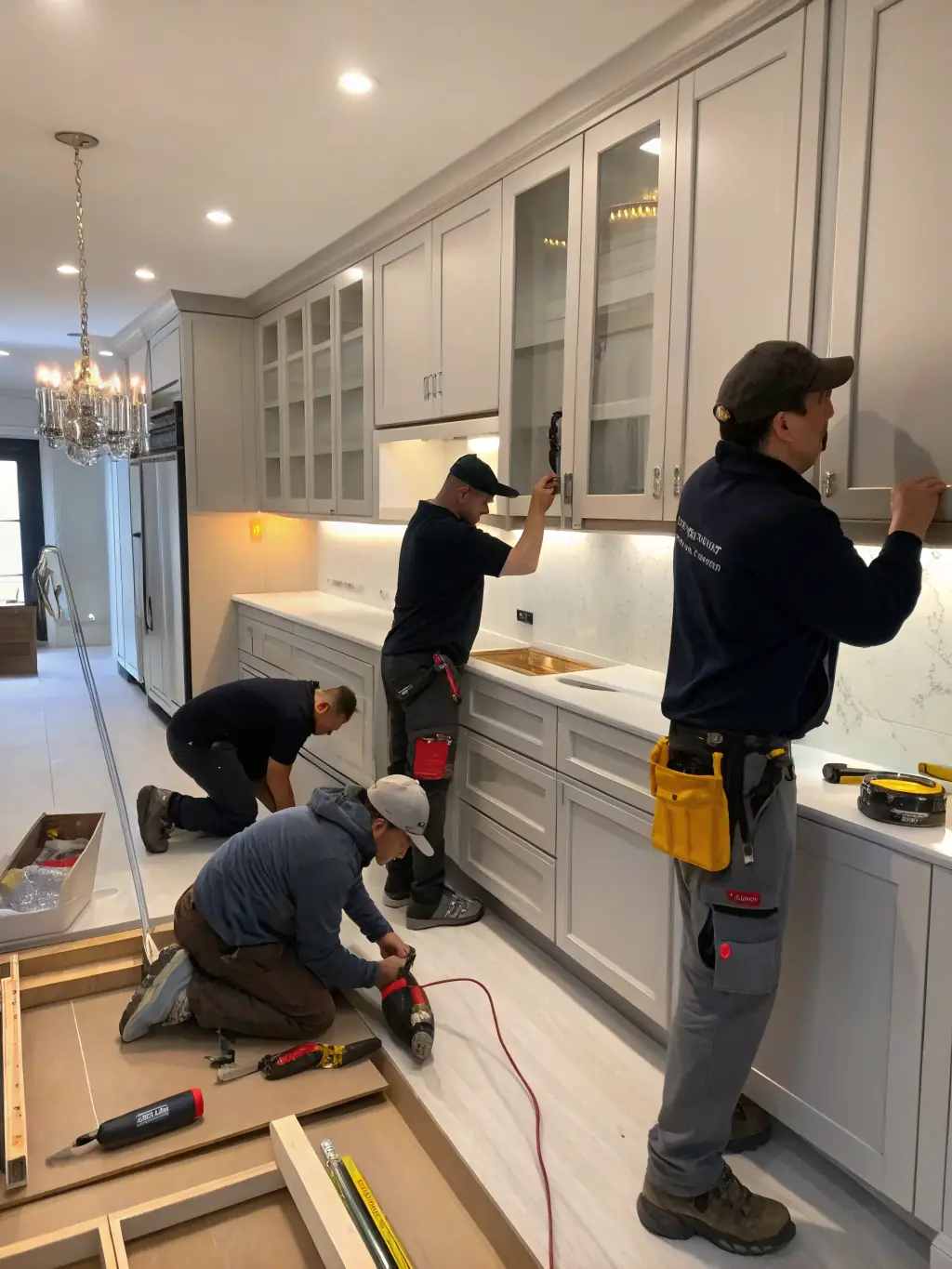 A craftsman carefully installing custom cabinetry in a kitchen renovation project, highlighting NovaHogar's commitment to quality workmanship.