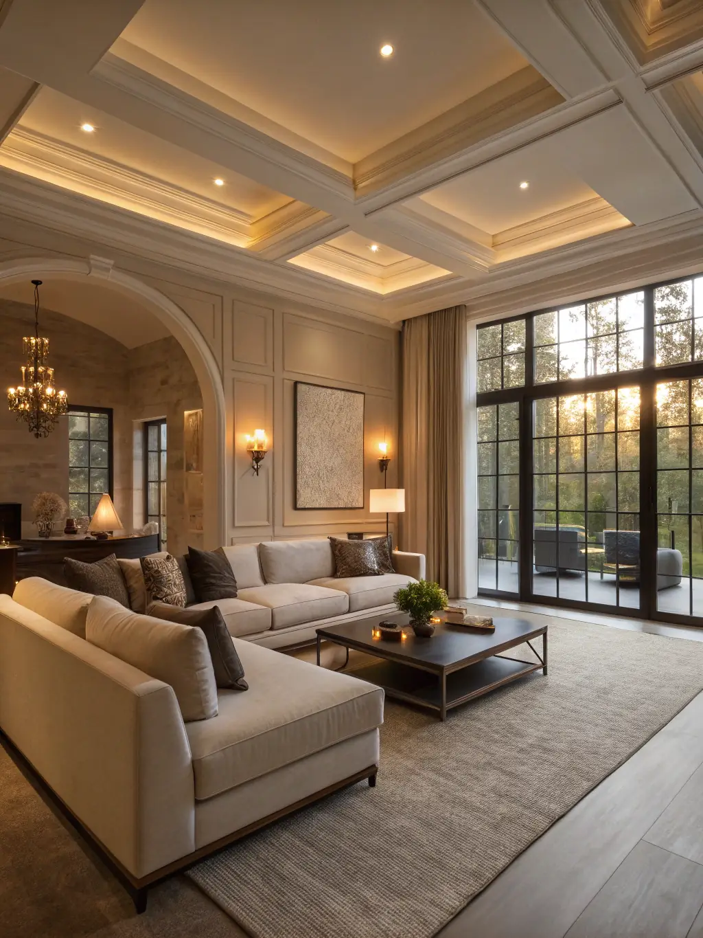 A brightly lit, modern living room with minimalist furniture and a large window showing a city view, emphasizing the interior design service of NovaHogar.