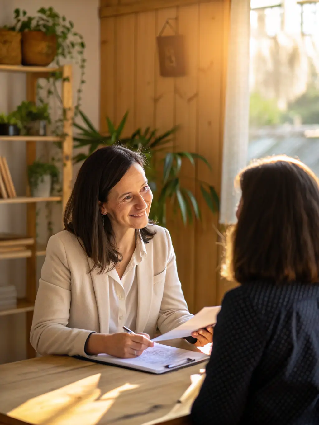 A friendly NovaHogar consultant discussing design options with a client in a comfortable and collaborative setting, emphasizing personalized service.